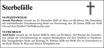 Traueranzeige von Totentafel vom 23.01.2026  von Schwarzwälder Bote