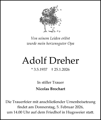 Traueranzeige von Adolf Dreher von Schwarzwälder Bote