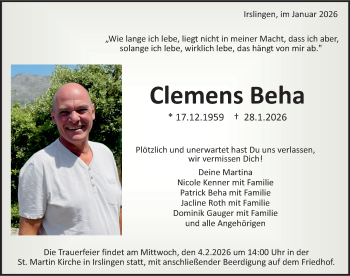 Traueranzeige von Clemens Beha von Schwarzwälder Bote