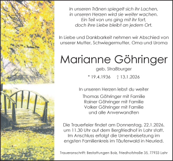 Traueranzeige von Marianne Göhringer von Schwarzwälder Bote