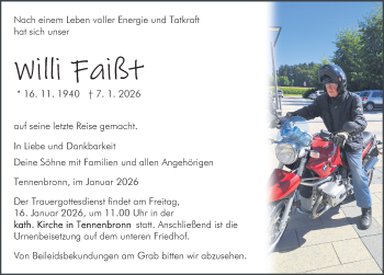Traueranzeige von Willi Faißt von Schwarzwälder Bote