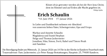 Traueranzeige von Erich Schaulin von Schwarzwälder Bote