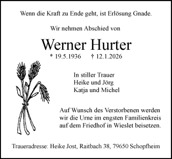 Traueranzeige von Werner Hurter von Schwarzwälder Bote