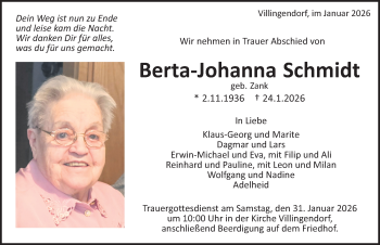Traueranzeige von Berta-Johanna Schmidt von Schwarzwälder Bote