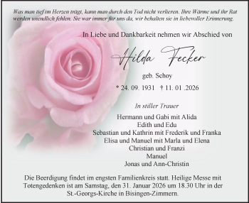 Traueranzeige von Hilda Fecker von Schwarzwälder Bote