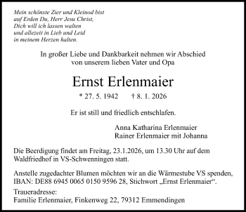 Traueranzeige von Ernst Erlenmaier von Schwarzwälder Bote