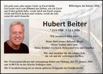 Traueranzeige von Hubert Beiter von Schwarzwälder Bote