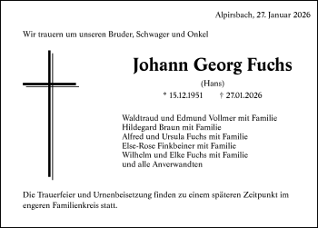 Traueranzeige von Johann Georg Fuchs von Schwarzwälder Bote