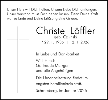 Traueranzeige von Christel Löffler von Schwarzwälder Bote