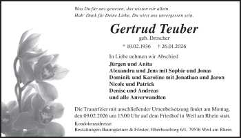 Traueranzeige von Gertrud Teuber von Schwarzwälder Bote