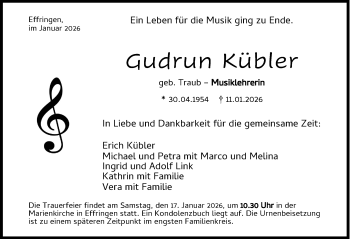 Traueranzeige von Gudrun Kübler von Schwarzwälder Bote