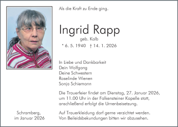 Traueranzeige von Ingrid Rapp von Schwarzwälder Bote