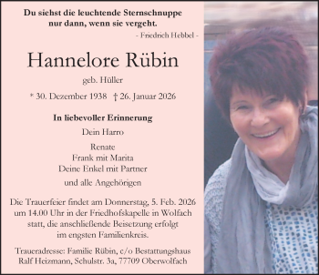 Traueranzeige von Hannelore Rübin von Schwarzwälder Bote