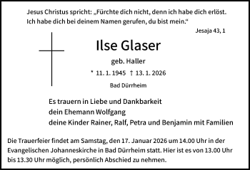 Traueranzeige von Ilse Glaser von Schwarzwälder Bote