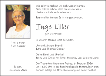 Traueranzeige von Inge Liller von Schwarzwälder Bote
