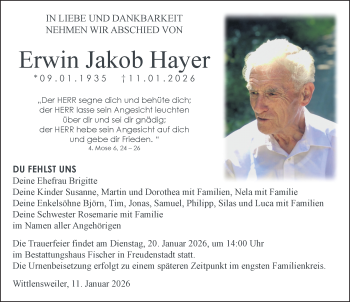 Traueranzeige von Erwin Jakob Hayer von Schwarzwälder Bote