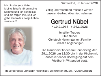 Traueranzeige von Gertrud Nübel von Schwarzwälder Bote