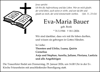 Traueranzeige von Eva-Maria Bauer von Schwarzwälder Bote