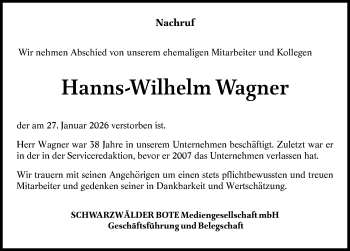 Traueranzeige von Hanns-Wilhelm Wagner von Schwarzwälder Bote