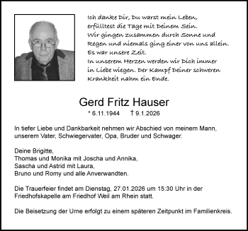 Traueranzeige von Gerd Fritz Hauser von Schwarzwälder Bote