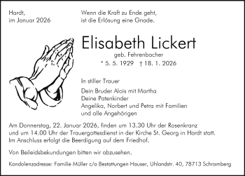 Traueranzeige von Elisabeth Lickert von Schwarzwälder Bote