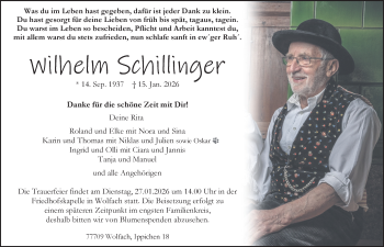 Traueranzeige von Wilhelm Schillinger von Schwarzwälder Bote