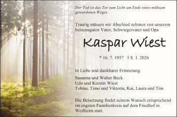 Traueranzeige von Kaspar Wiest von Schwarzwälder Bote