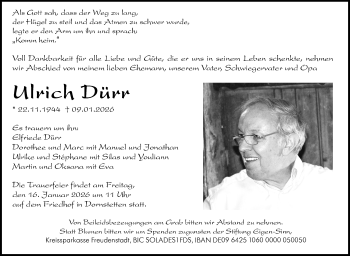 Traueranzeige von Ulrich Dürr von Schwarzwälder Bote
