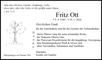 Traueranzeige von Fritz Ott von Schwarzwälder Bote