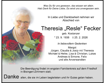 Traueranzeige von Theresia Fecker von Schwarzwälder Bote