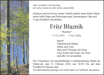Traueranzeige von Fritz Blaznik von Schwarzwälder Bote