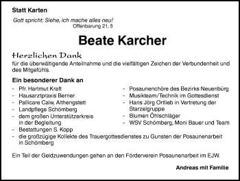 Traueranzeige von Beate Karcher von Schwarzwälder Bote