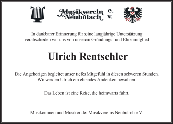 Traueranzeige von Ulrich Rentschler von Schwarzwälder Bote