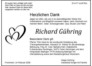 Traueranzeige von Richard Gühring von Schwarzwälder Bote