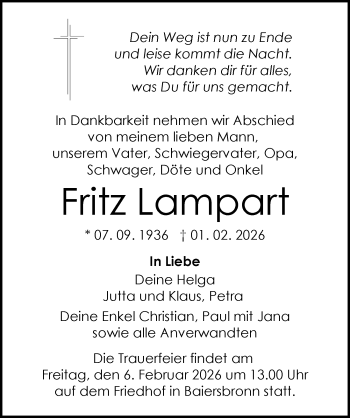 Traueranzeige von Fritz Lampart von Schwarzwälder Bote