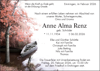Traueranzeige von Anne Alma Renz von Schwarzwälder Bote