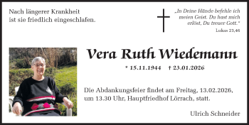 Traueranzeige von Vera Ruth Wiedemann von Schwarzwälder Bote