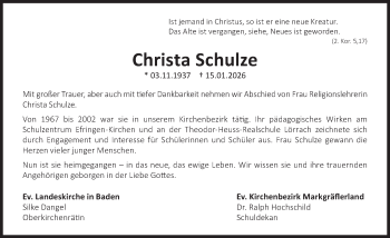 Traueranzeige von Christa Schulze von Schwarzwälder Bote