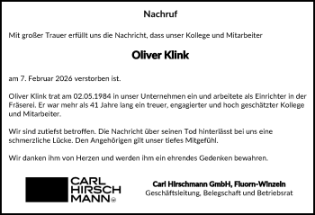 Traueranzeige von Oliver Klink von Schwarzwälder Bote