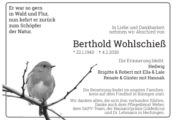 Traueranzeige von Berthold Wohlschieß von Schwarzwälder Bote
