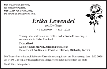 Traueranzeige von Erika Lewendel von Schwarzwälder Bote