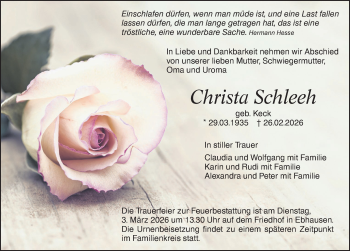 Traueranzeige von Christa Schleeh von Schwarzwälder Bote