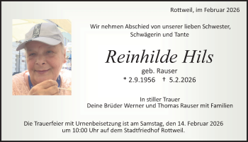 Traueranzeige von Reinhilde Hils von Schwarzwälder Bote
