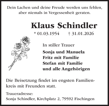 Traueranzeige von Klaus Schindler von Schwarzwälder Bote