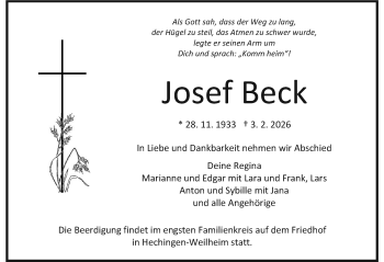 Traueranzeige von Josef Beck von Schwarzwälder Bote