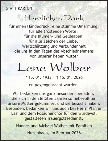 Traueranzeige von Lena Wolber von Schwarzwälder Bote