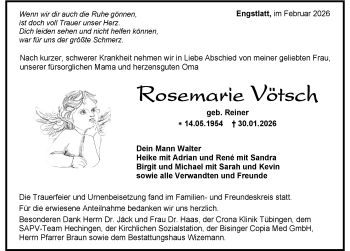 Traueranzeige von Rosemarie Vötsch von Schwarzwälder Bote