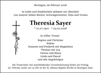 Traueranzeige von Theresia Sayer von Schwarzwälder Bote