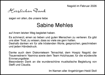 Traueranzeige von Sabine Mehles von Schwarzwälder Bote