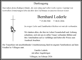 Traueranzeige von Bernhard Lederle von Schwarzwälder Bote